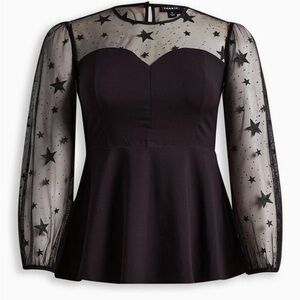 Torrid Peplum Stretch Woven Glitter Star Organza Top 4X NWT